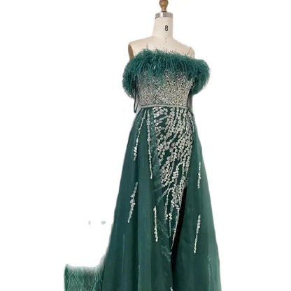 Luxury Blue Feather Beaded Mermaid Evening Dress with Overskirt LA72061