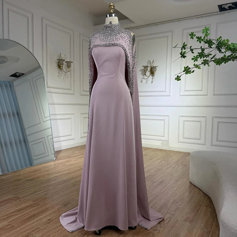 Elegant Blue High Neck Evening Dress with Crystals and Long Cape LA73068