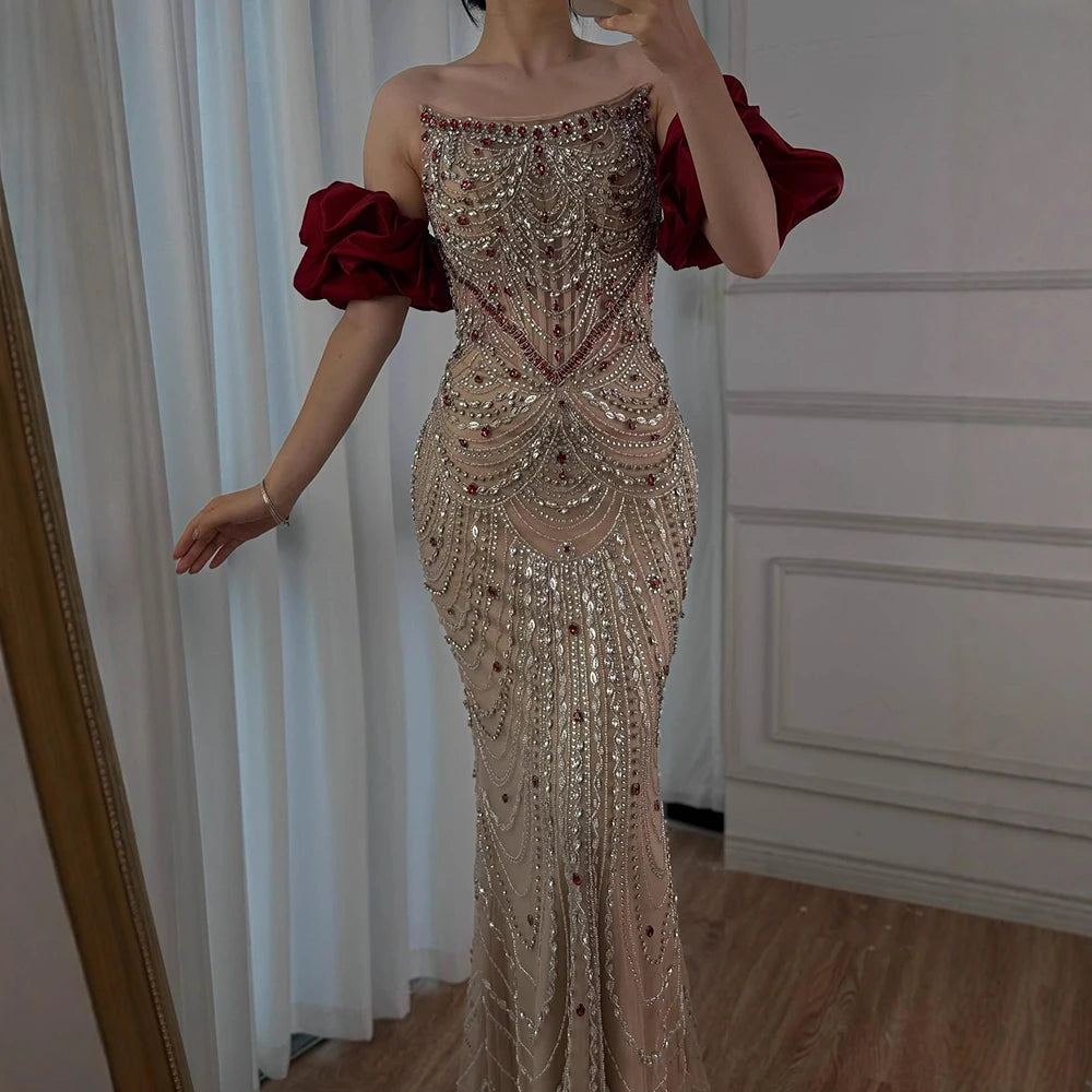 Luxury Beaded Evening Dress Puff Sleeves Pearl Adorned LA72903