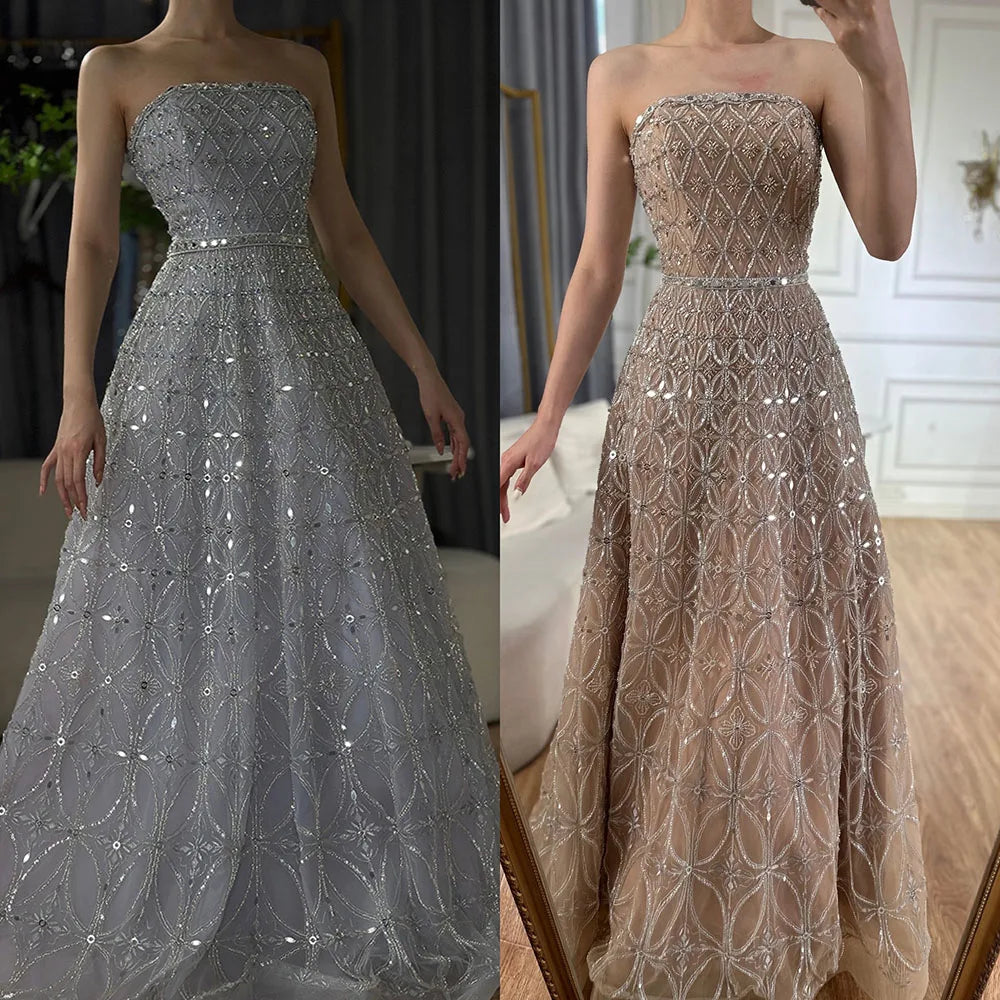Luxury Dubai  Arabic Gray A Line Elegant Beaded Long Evening Dresses Gowns for Formal Occasion LA72755