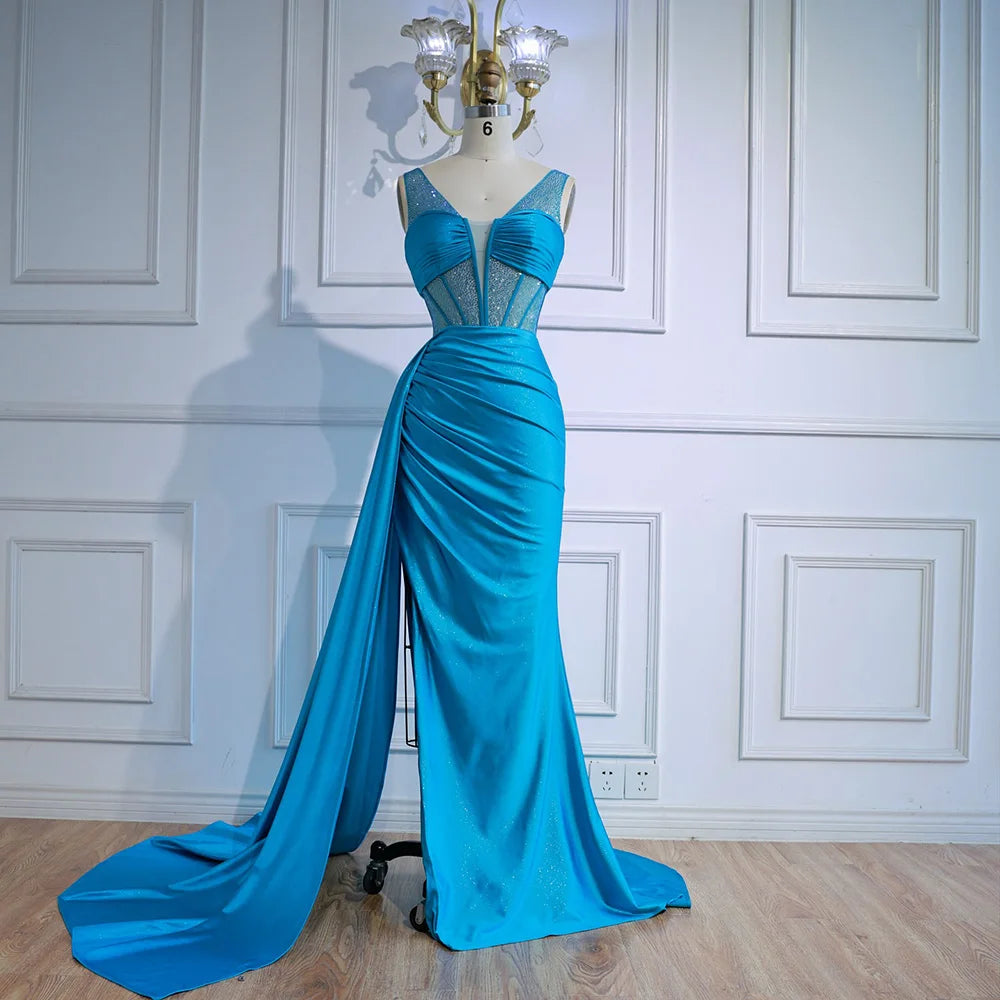 Luxury Blue Prom Dress with Side Overskirt Spaghetti Straps LA73011
