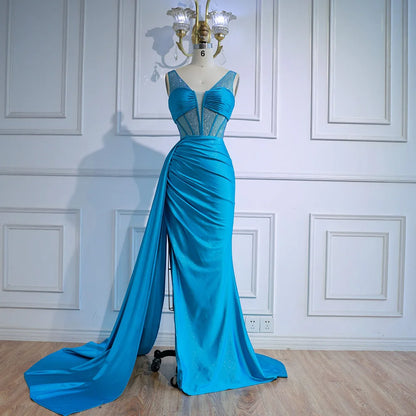 Luxury Blue Prom Dress with Side Overskirt Spaghetti Straps LA73011