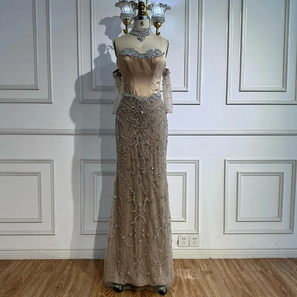 Luxury Caramel Sheer Corset Beaded Evening Dress with Gloves LA72929A