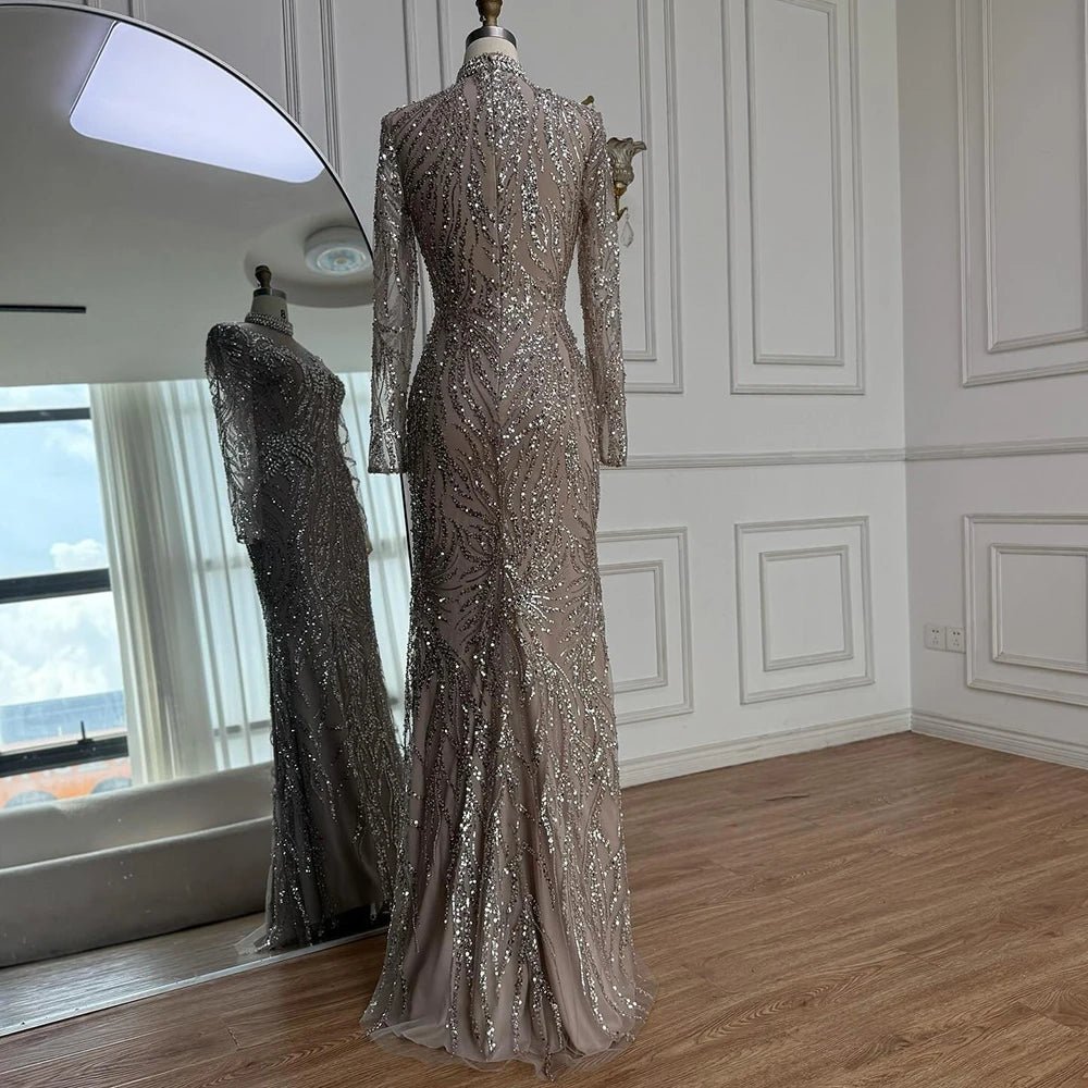 Luxury Silver Nude Beaded Mermaid Evening Dress LA73083