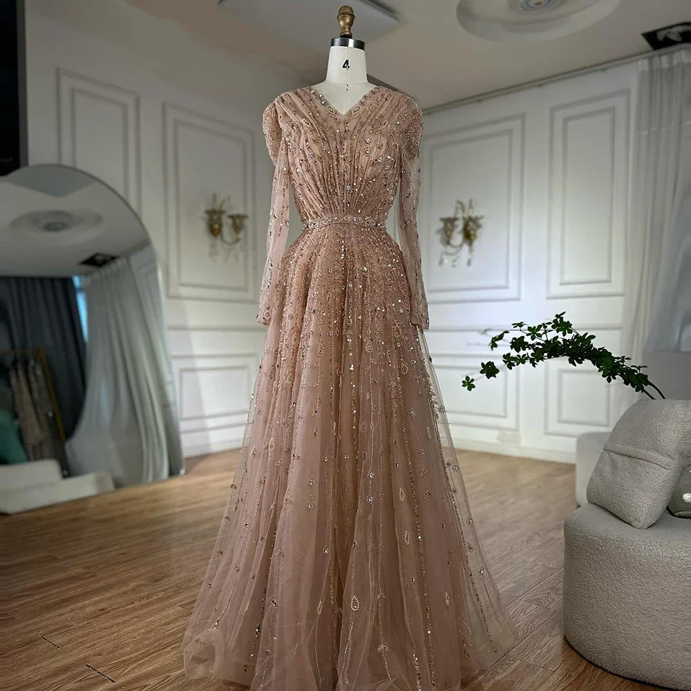 Luxury Nude A Line Beaded Evening Dress for Formal Occasion LA71803D