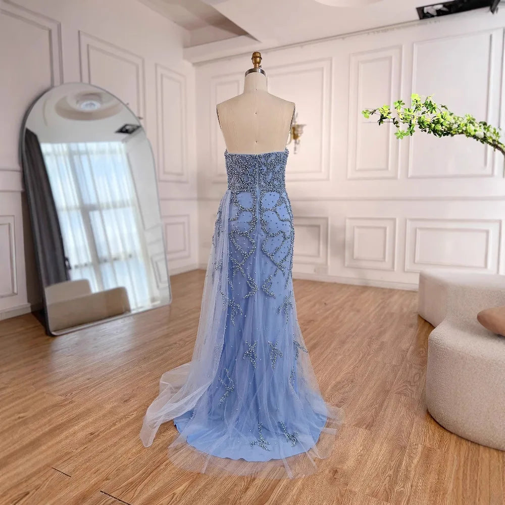 Luxury Saudi Arabic Blue Beaded Evening Dress with Slit LA72877