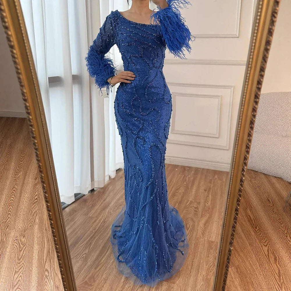 Royal Blue One-Shoulder Mermaid Evening Dress with Beads & Feathers LA72395