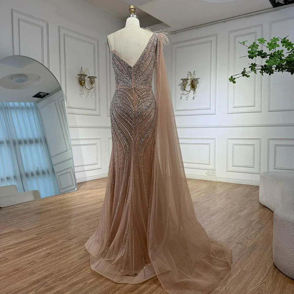 Luxury Caramel One Shoulder Beaded Mermaid Evening Dress LA72895