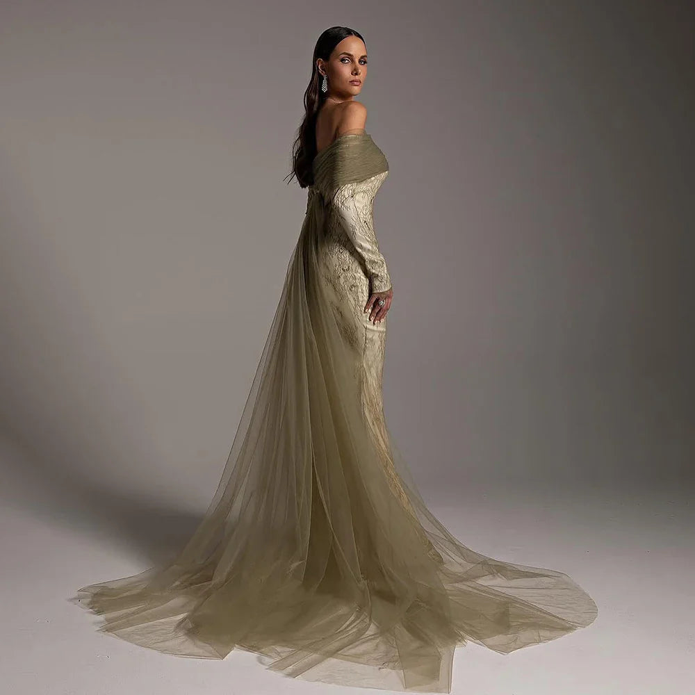 Elegant Olive Green Evening Dress with Lace Sleeves LA72942