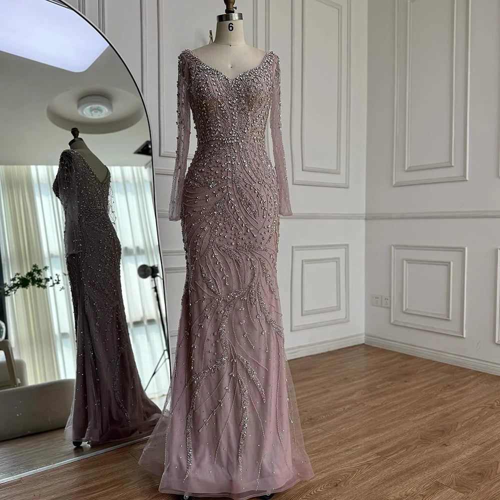 Luxury Muslim Nude Arabic Mermaid Beaded Evening Dress LA73191