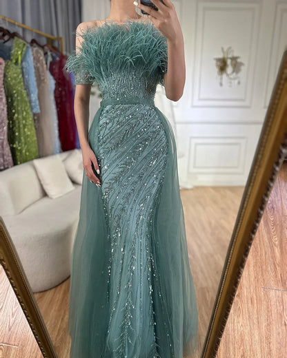 Luxury Dubai Saudi Arabic Beaded Caramel Mermaid Elegant Evening Dresses Gowns with Overskirt LA71634A