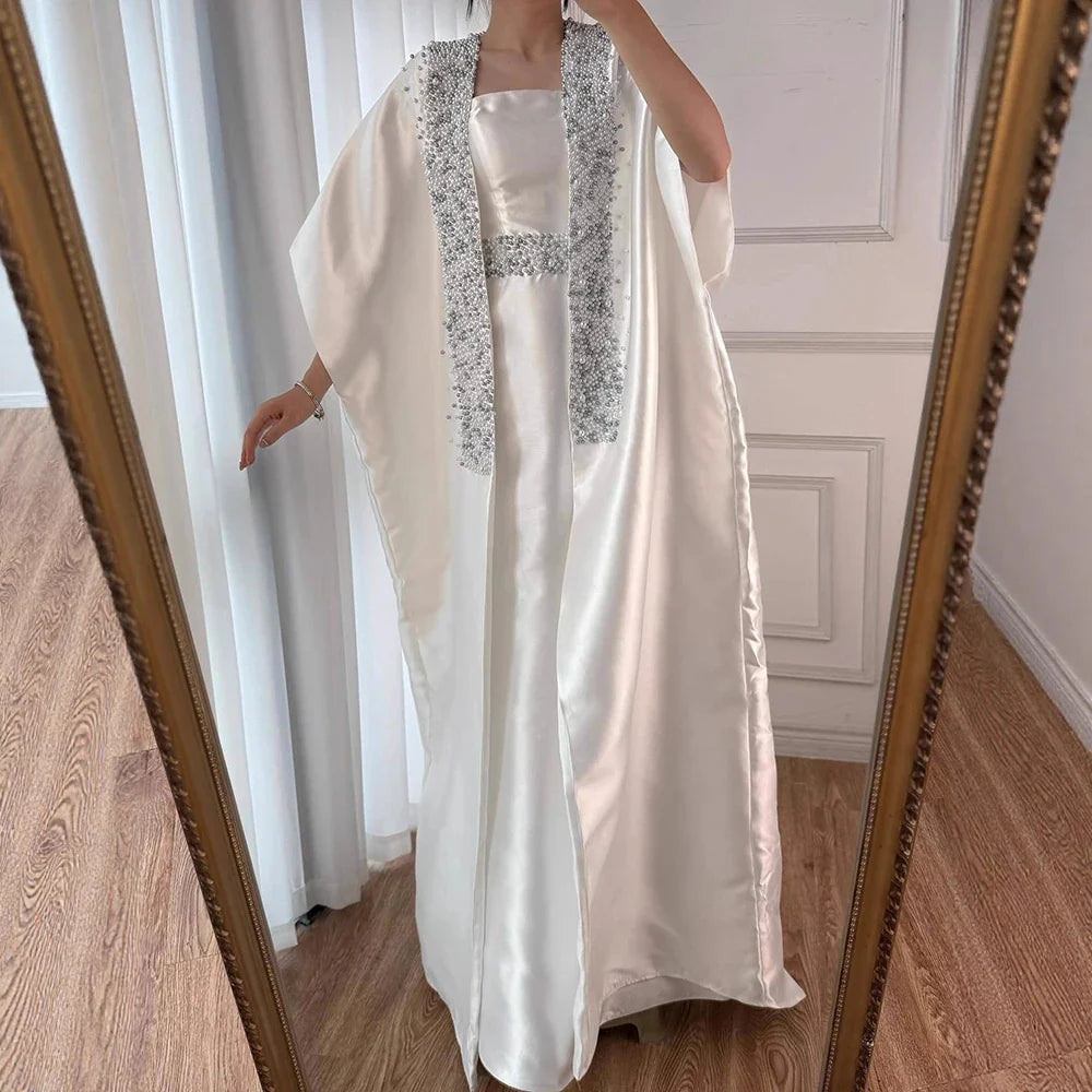 Luxury Dubai White Satin Mermaid Evening Dress with Long Cape LA72825