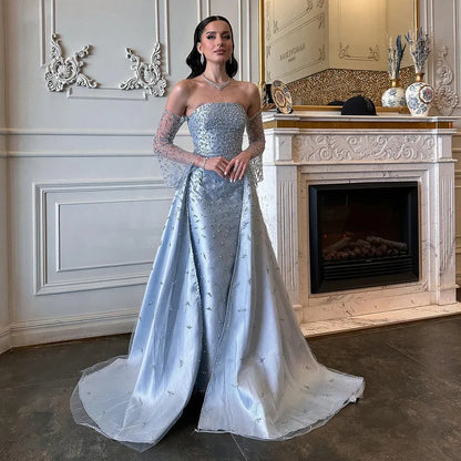 Luxury Blue Beaded Pearls Evening Dress with Removable Overskirt LA72705