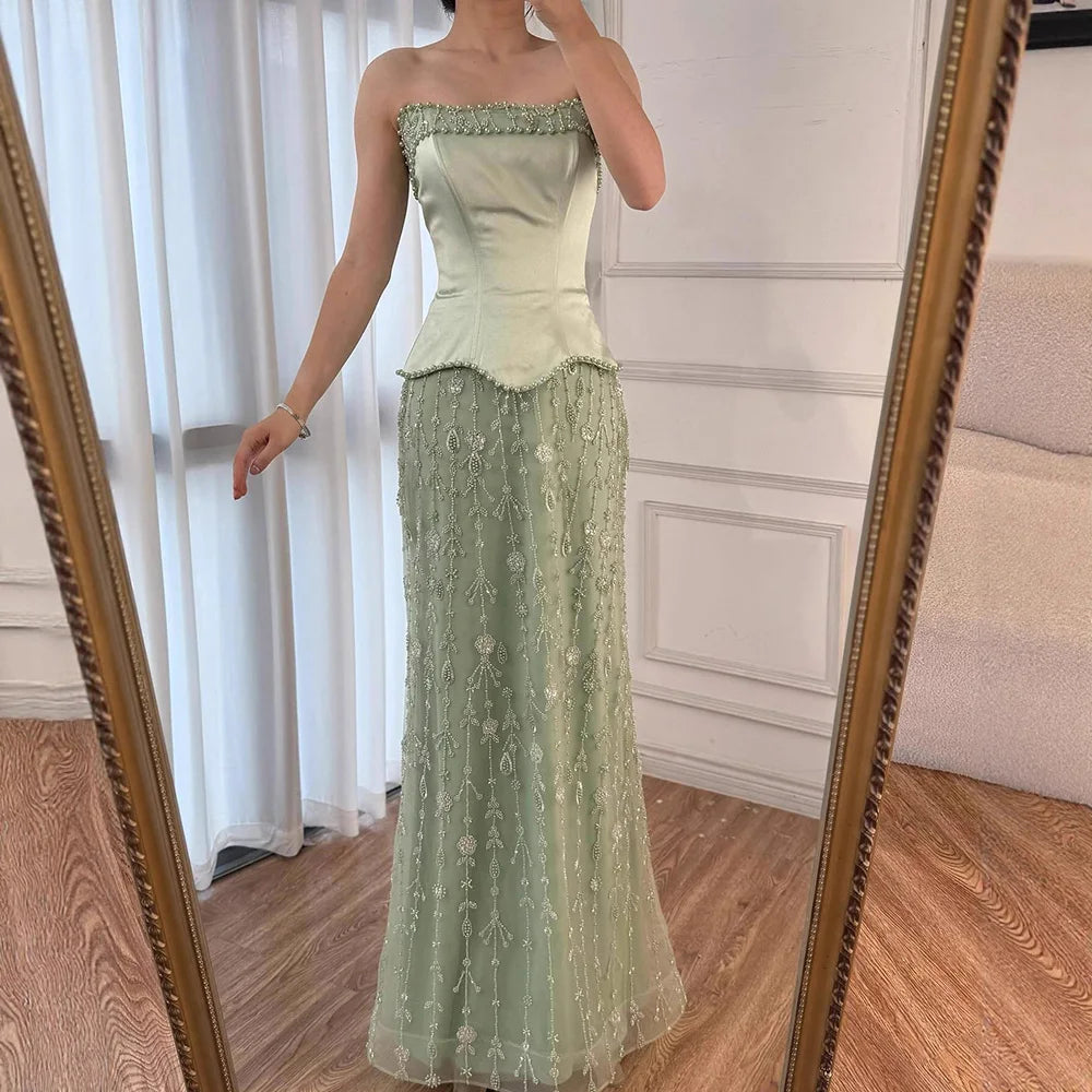 Luxury Caramel Satin Beaded Evening Dress with Corset Bodice LA72805C
