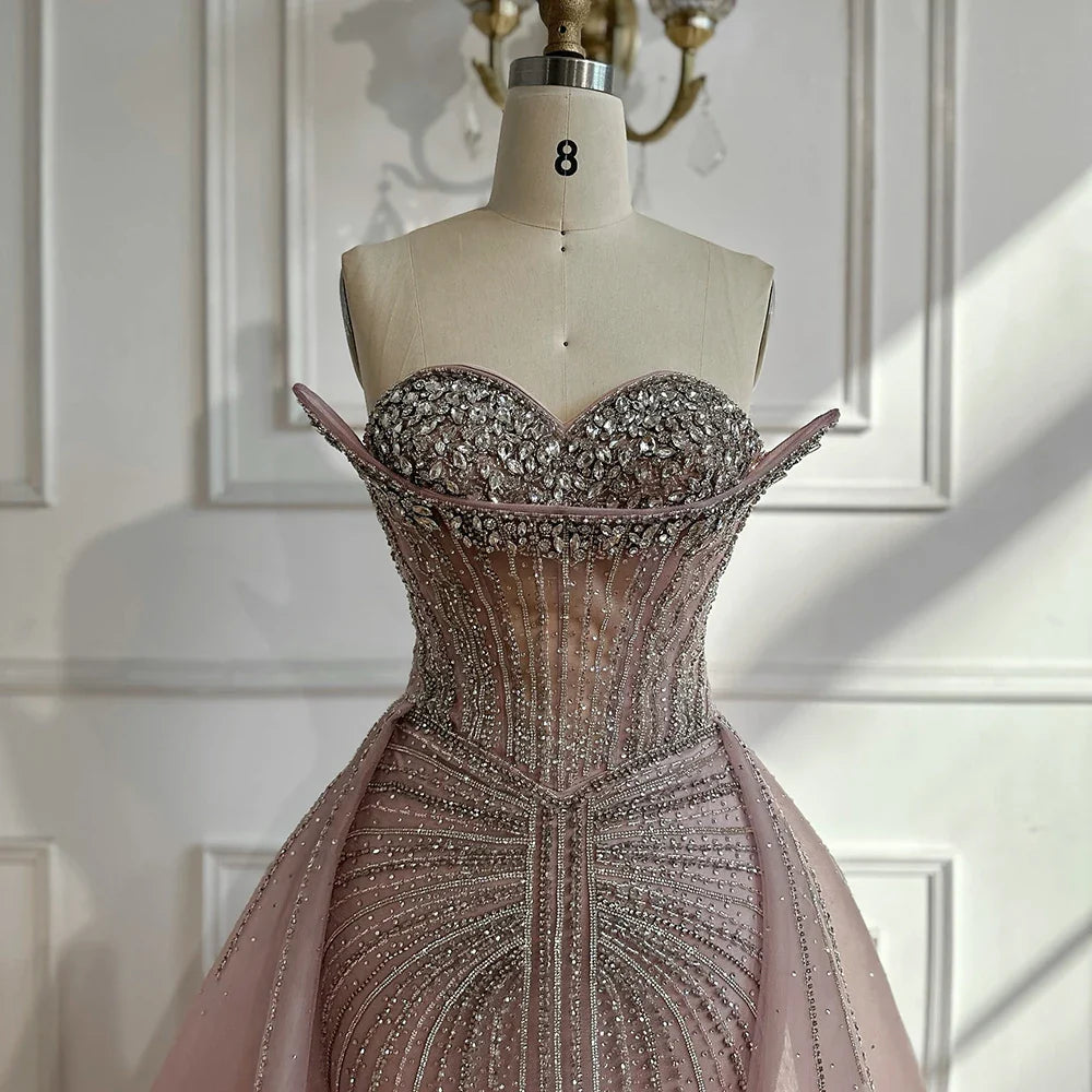 Luxury Dubai Nude Beaded Mermaid Evening Dress with Overskirt LA72811