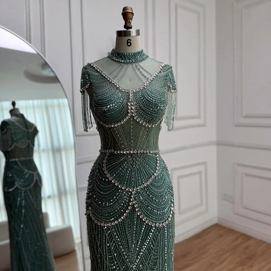Luxury Turquoise High Neck Beaded Tassel Evening Dress for Women LA73112