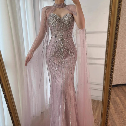 Luxury Turquoise Beaded Cape Sleeve Saudi Arabic Evening Dress LA73136A