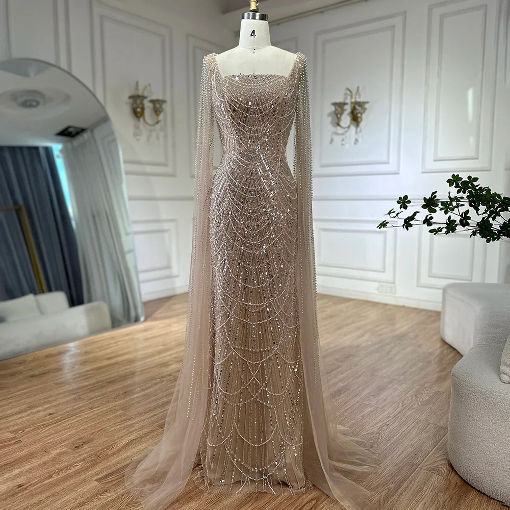 Luxury Turquoise Pearl Arabic Mermaid Evening Dress with Cape Sleeves LA72590A