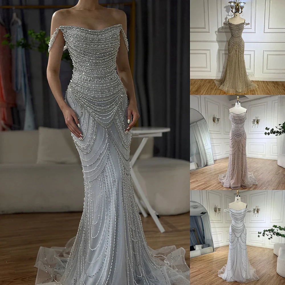 Luxury Crystal Silver Gray Mermaid Dubai Evening Dresses LA72253