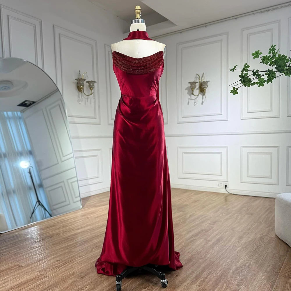 Luxury Wine Red Satin Evening Dress Elegant Gown LA73168
