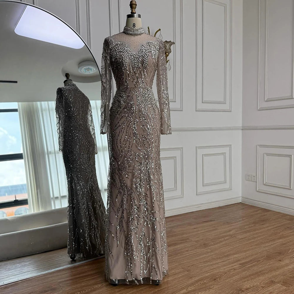 Luxury Silver Nude Beaded Mermaid Evening Dress LA73083