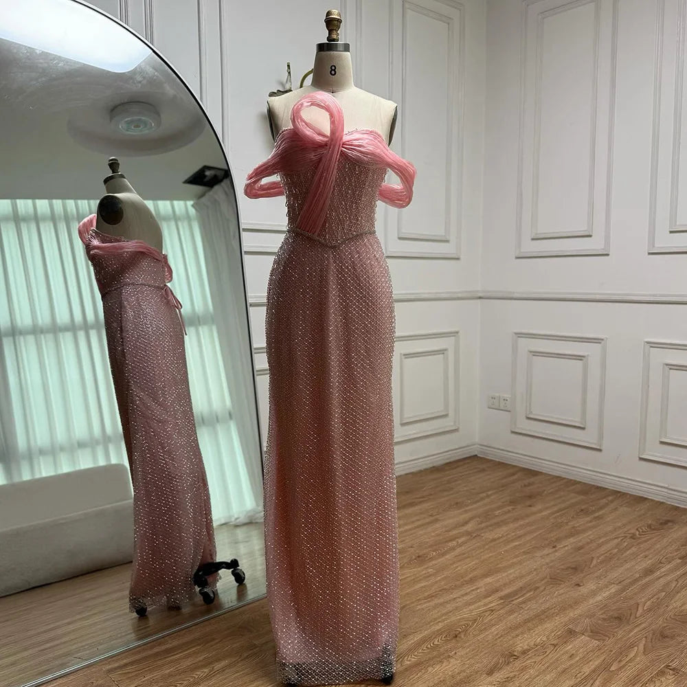 Luxury Pink Off Shoulder Mermaid Evening Dress with Bow LA73058
