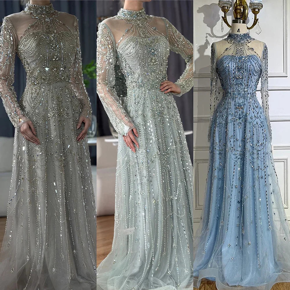 Luxury A-Line Blue Lace Beaded Turtleneck Evening Dresses LA72704