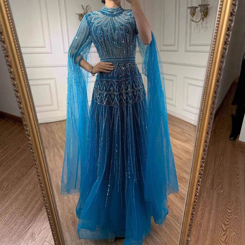 Luxury Arabic Blue Beaded Evening Dress with Cape Sleeves LA73187