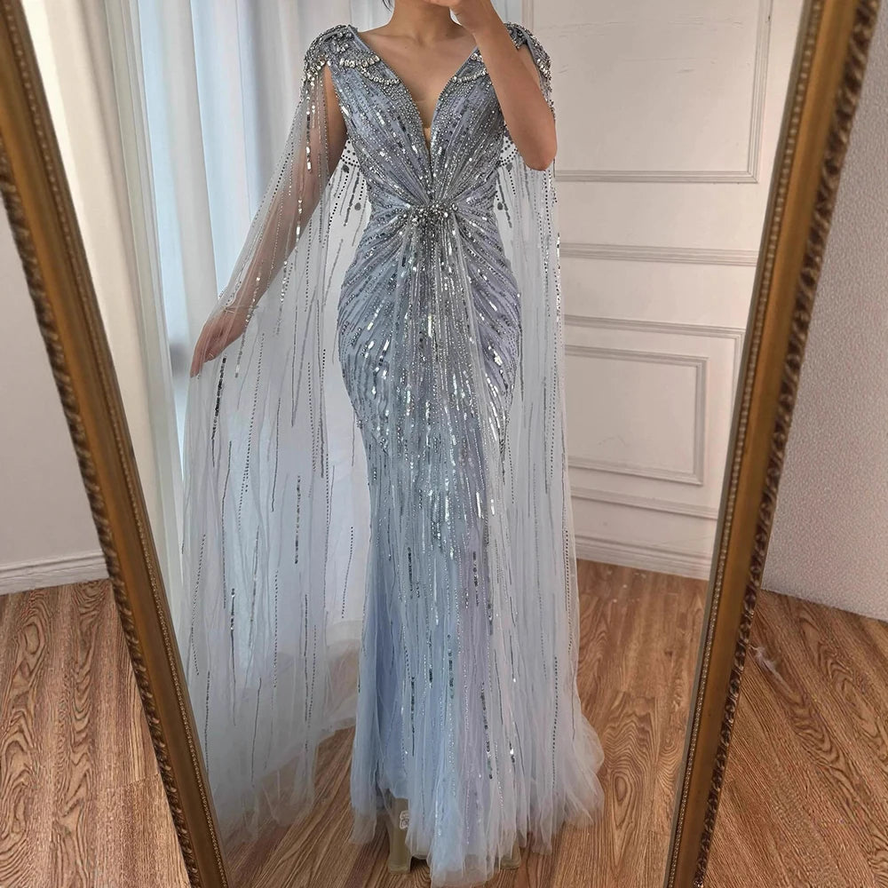 Turquoise Mermaid Beaded Evening Dress Gown with Cape LA72168A
