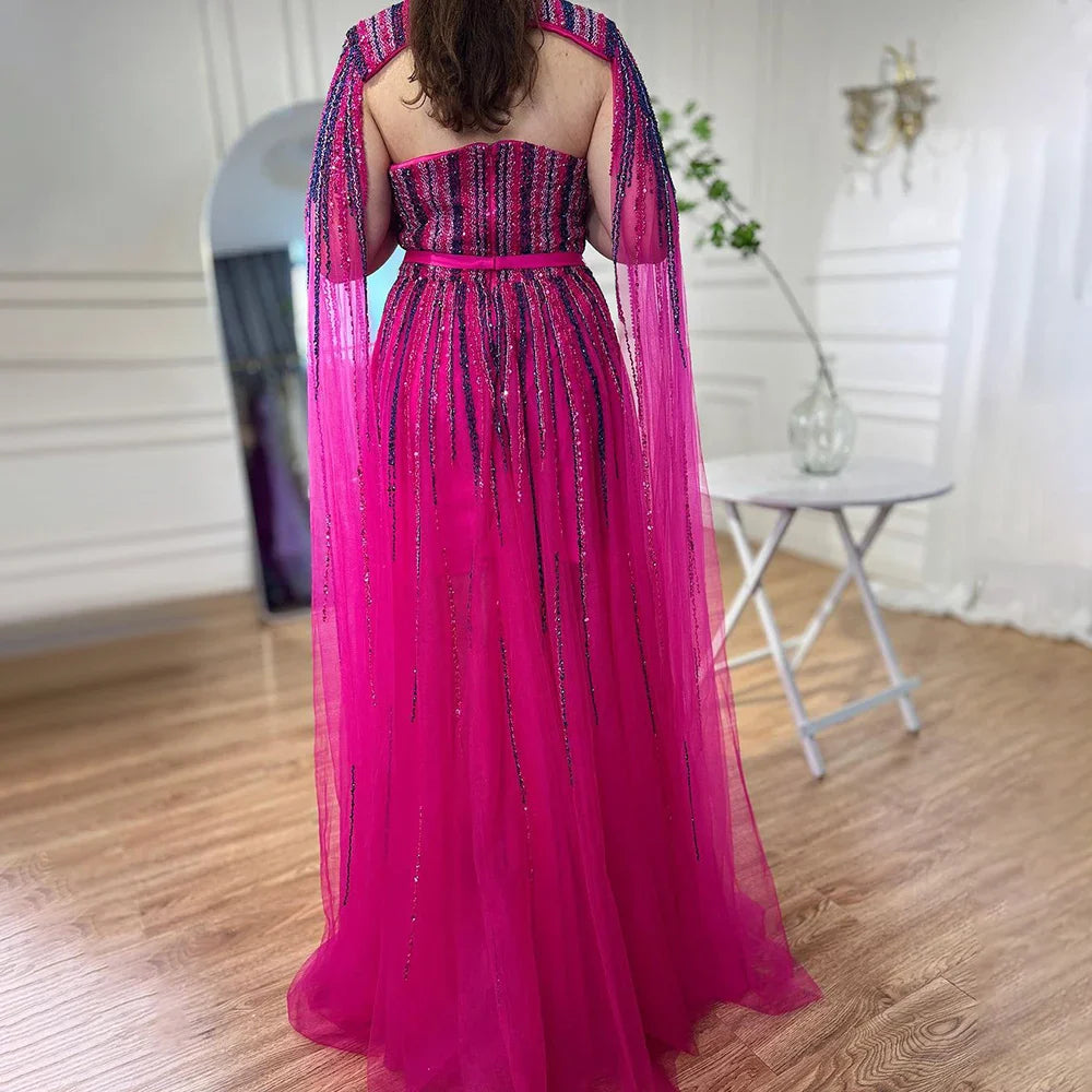 Luxury Dubai Fuchsia Evening Dress with Cape Sleeves LA71912