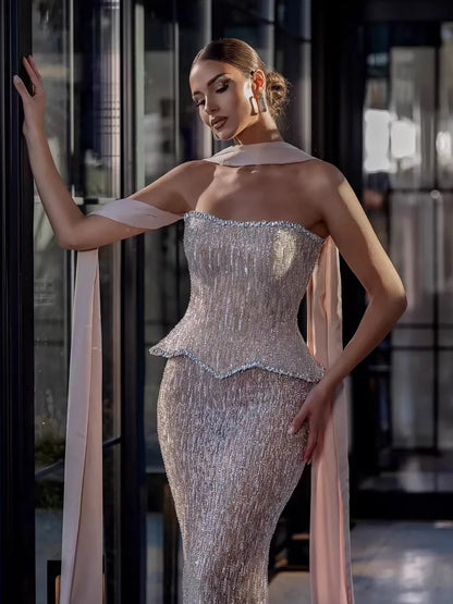 Luxury Nude 2 Pieces Pearl Sequin Evening Dress with Scarf LA73076A