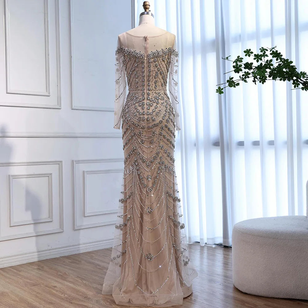 Luxury Off Shoulder Beaded Evening Dress with Long Sleeves and Train LA72930