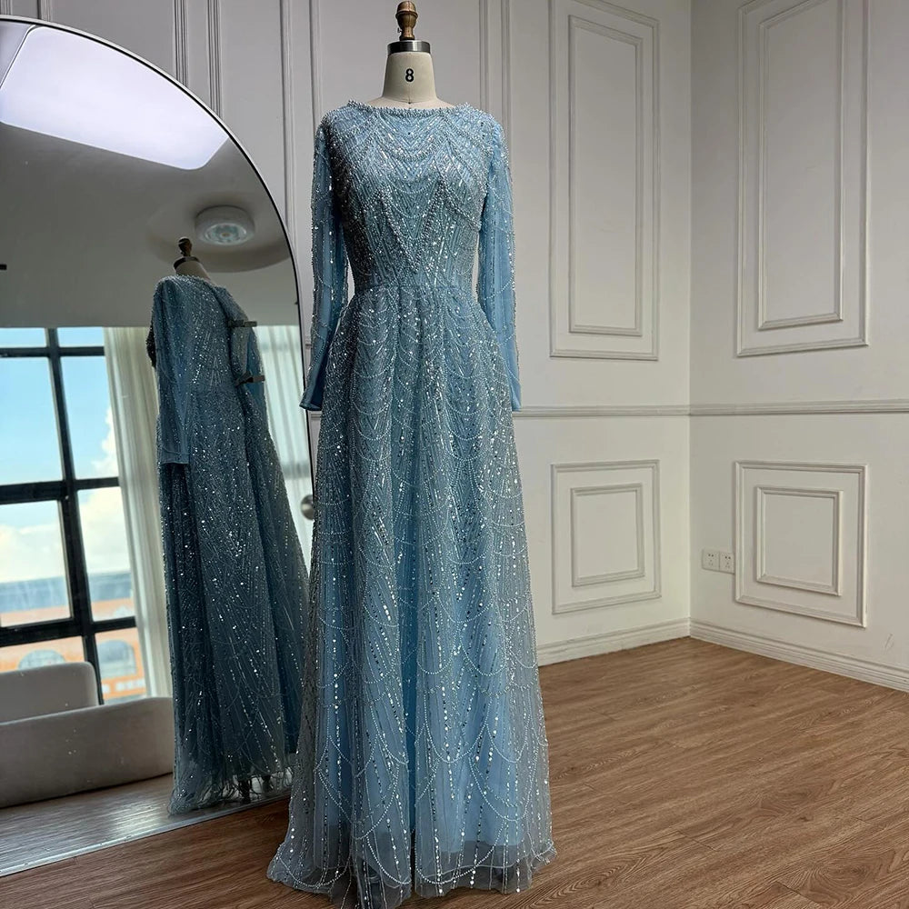 שמלת ערב יוקרתית בגזרת A עם חרוזים בצבע ירוק זית ושרוולים ארוכים LA72738B