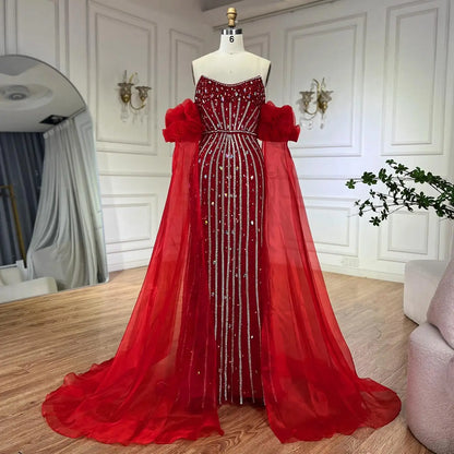 Arabic Pink Beaded Mermaid Evening Dress Puff Sleeves LA72569