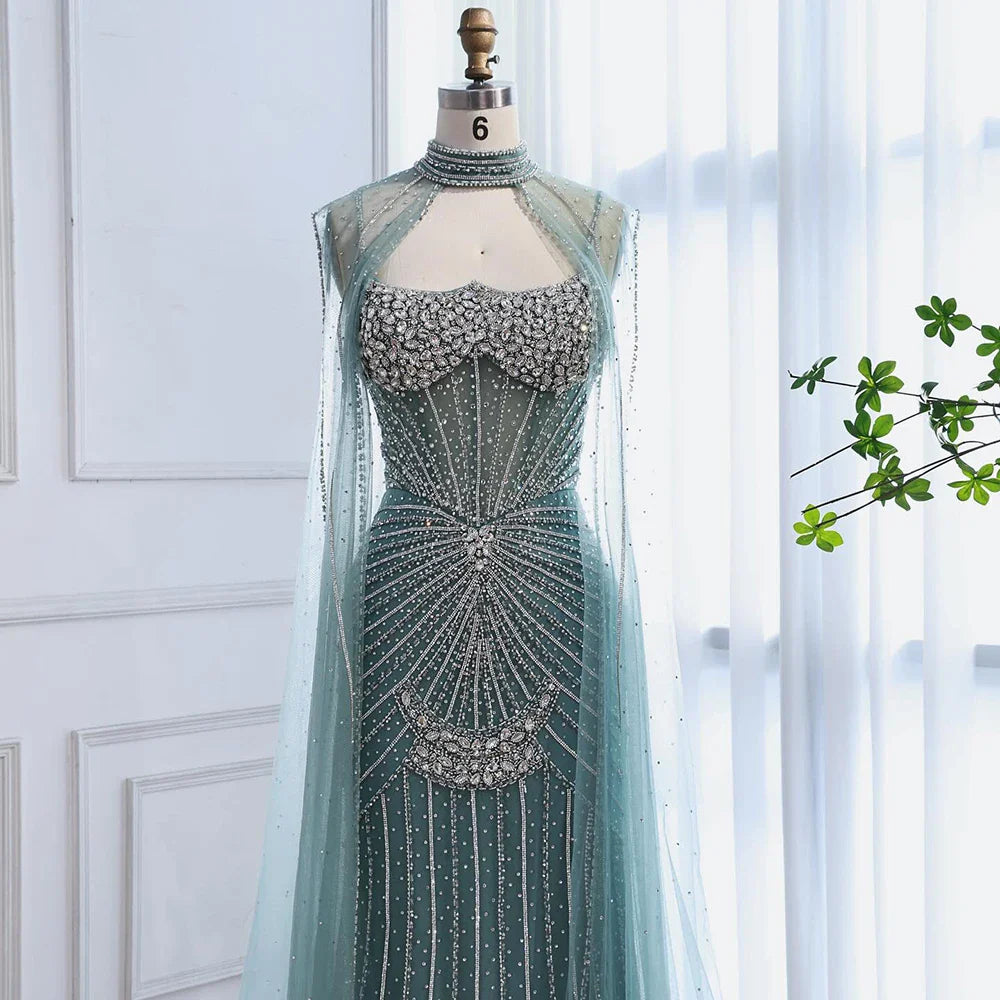Luxury Turquoise Crystal Beaded Evening Dress with Cape LA73202
