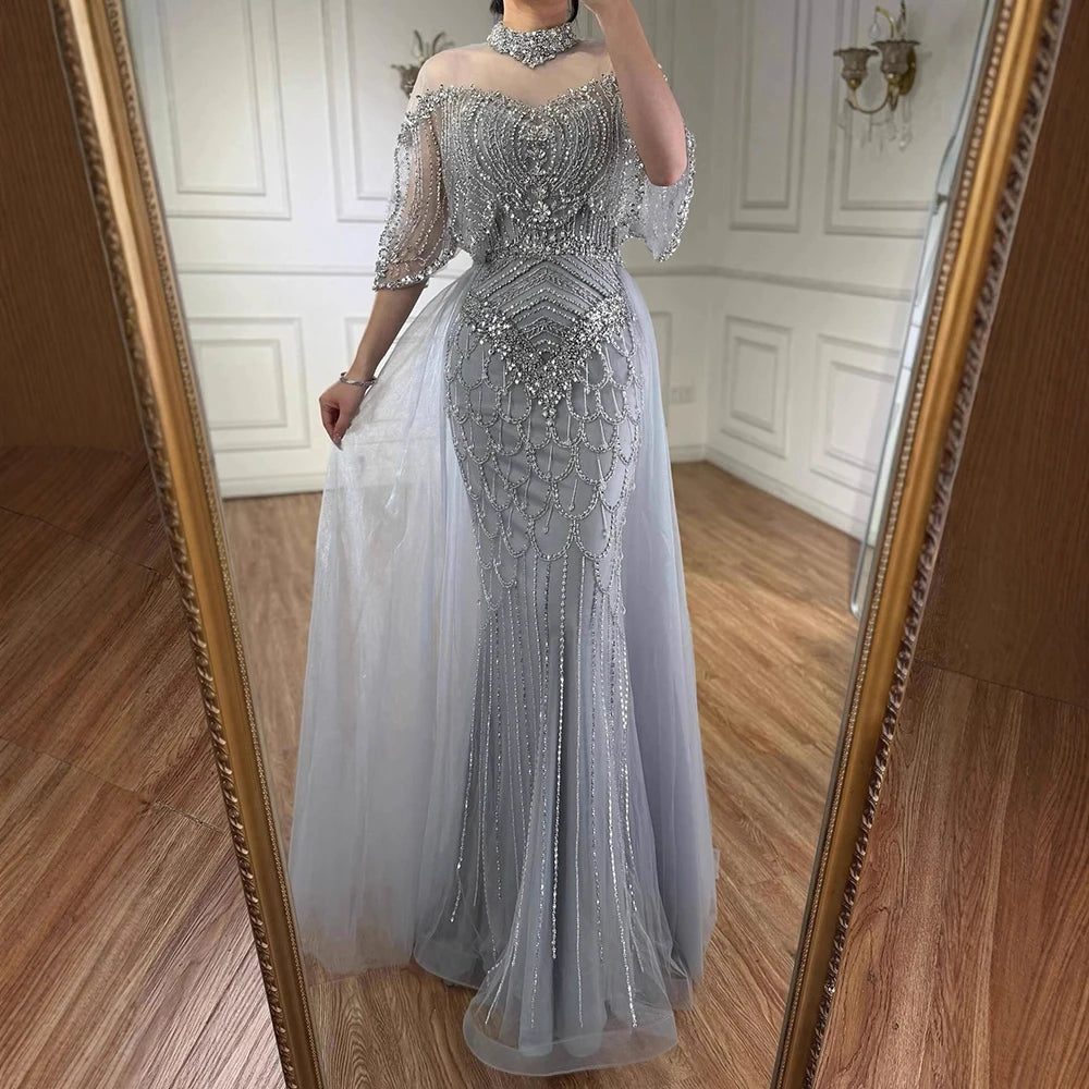 Luxury Gray Beaded Evening Dress with Overskirt LA73129