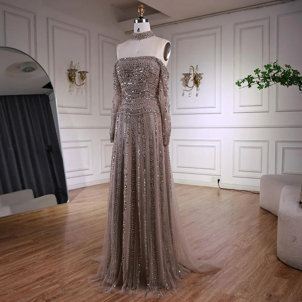 Caramel Off Shoulder Beaded Mermaid Evening Dress Long Sleeves LA73053