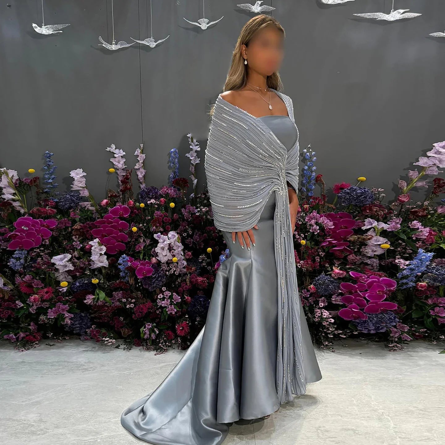 Luxury Dubai Grey Peach Arabic Evening Gown with Ruffles Shawl LA73270