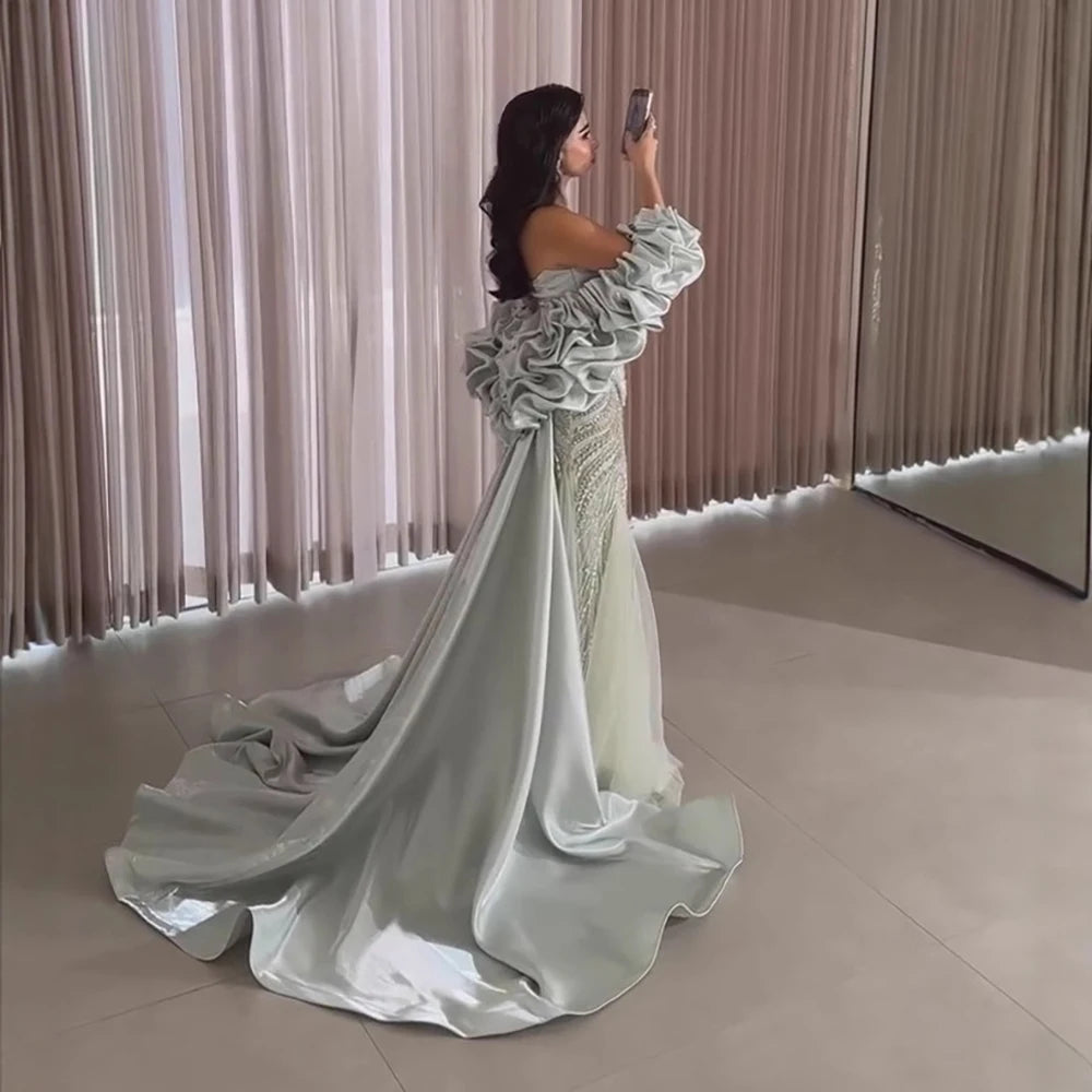 Luxury Sage Green Beaded Mermaid Evening Dress with Balloon Sleeves LA73201