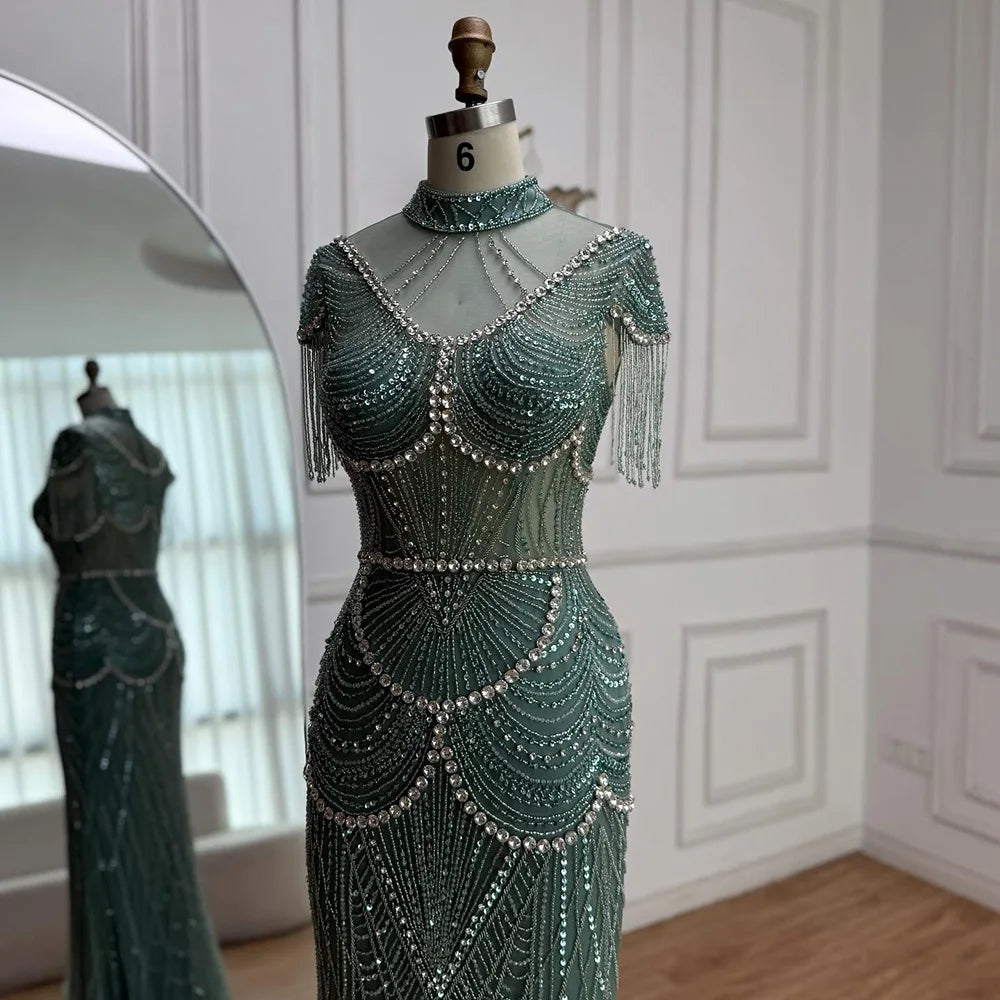 Luxury Turquoise High Neck Beaded Tassel Evening Dress for Women LA73112