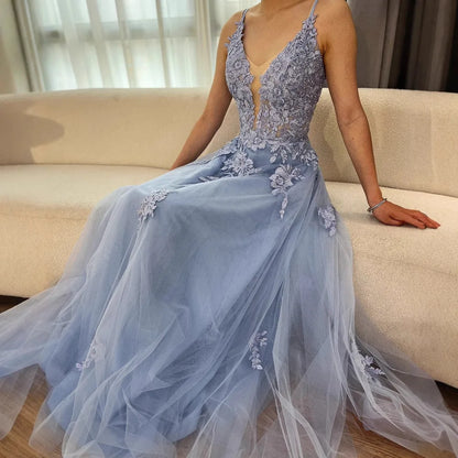 Luxury Sage Green Lace A-Line Prom Dress with Spaghetti Straps LA73005