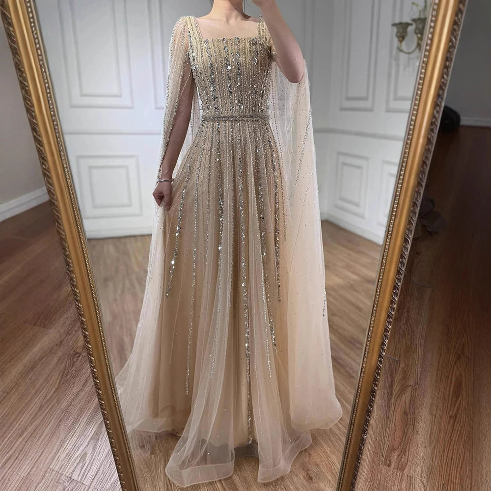 Luxury Dubai Square Neck Beaded Evening Gown with Cape LA73188