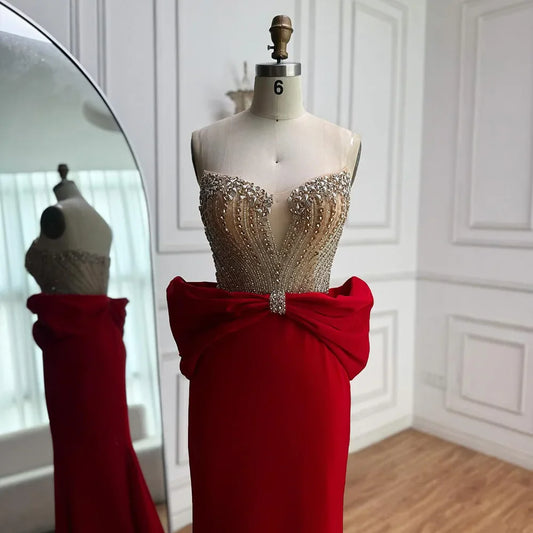 Luxury Red Satin Evening Dress with Bow Designer Gown LA73060