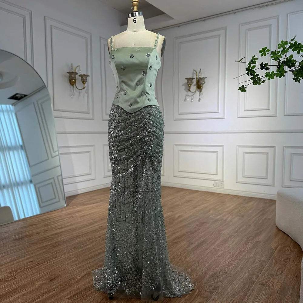 Luxury Sage Green Beaded 1 Pieces Evening Dress LA72977