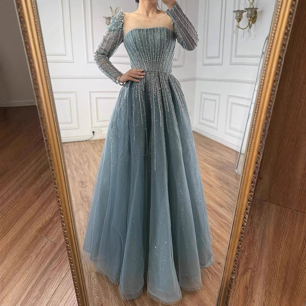 Luxury Arabic Turquoise A-Line Beaded Evening Dress LA72991A