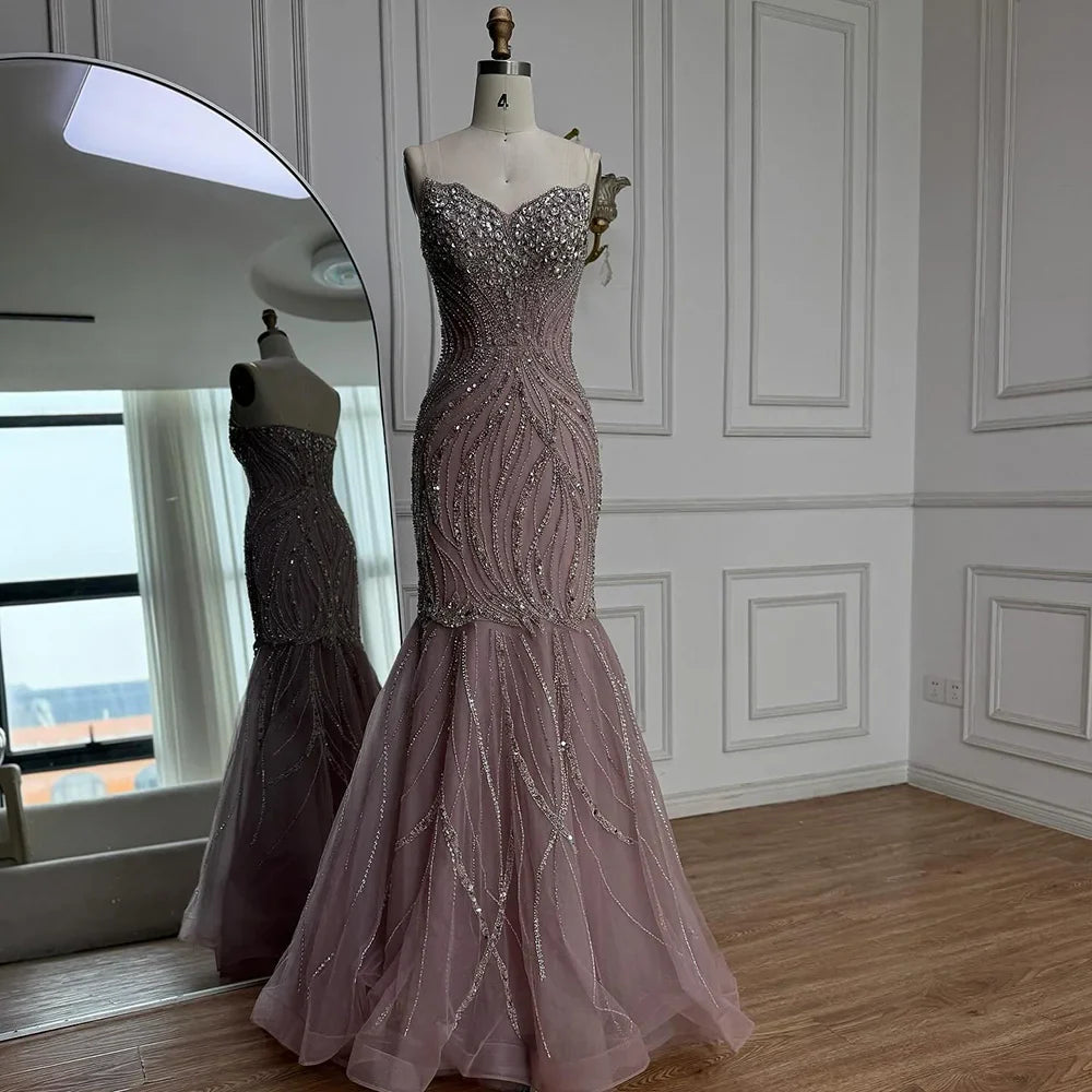 Luxury Pink Beaded Strapless Mermaid Evening Dress LA73124