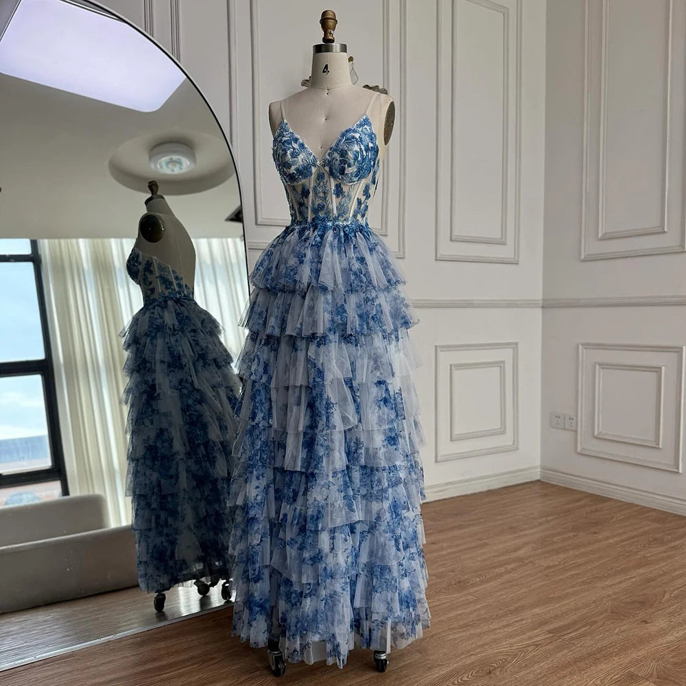 Elegant  Blue Tiered Spaghetti Strap A-Line Evening Dress LA73171