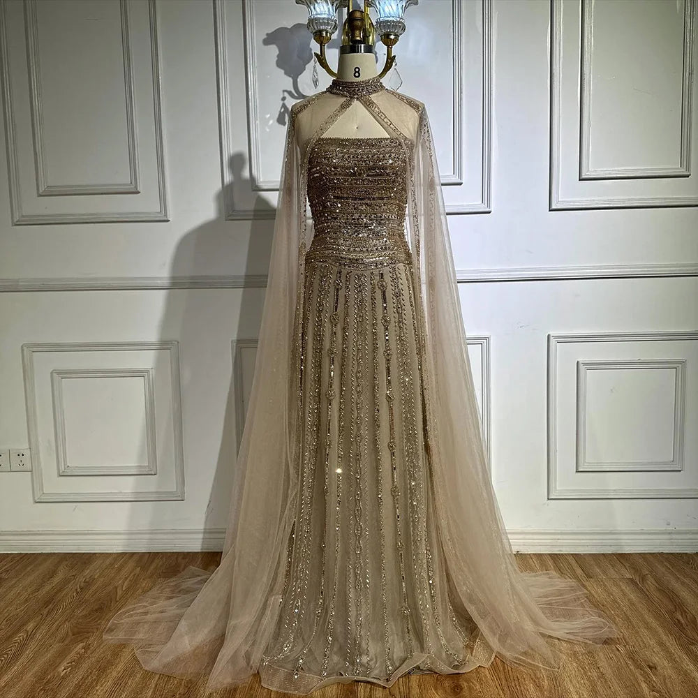 Luxury Caramel A-Line Beaded Evening Dress for Dubai Occasion LA72873