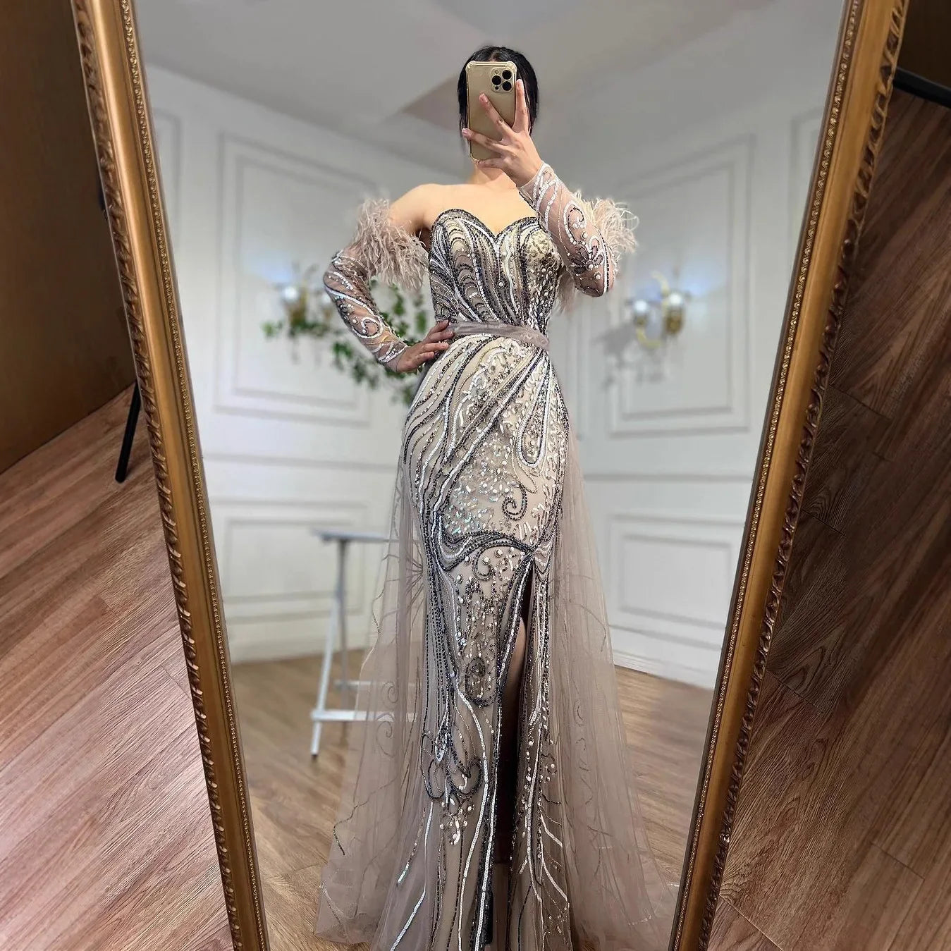 Luxury Arabic Nude Mermaid High Split Feather Beaded Evening Dress LA71910