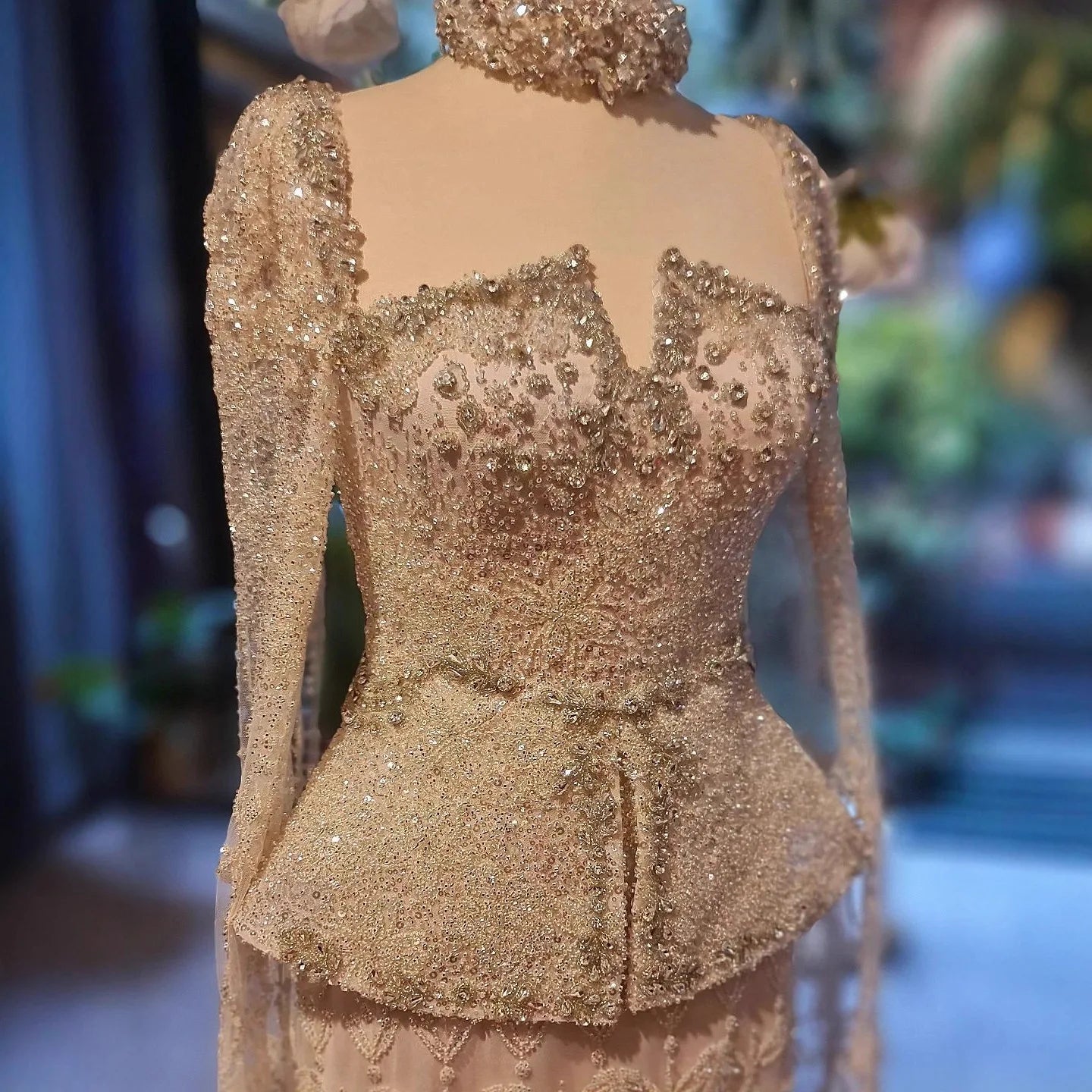 Luxury Silver Dubai Crystal Beaded Evening Dress with Cape LA73274